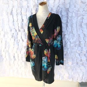Vintage Yumi Kim 100% Silk Black floral print Mini dress, Small Party Cocktail